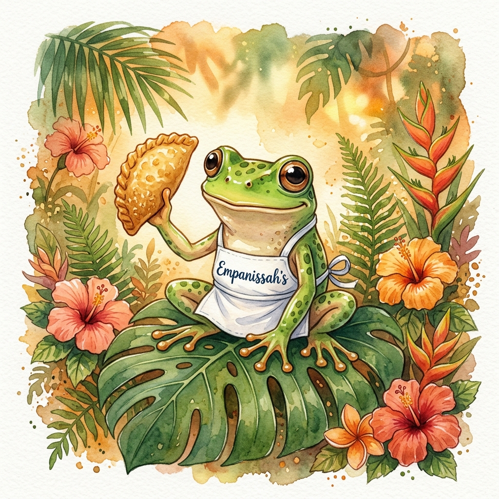 Empanissah's tropical frog mascot — our island spirit